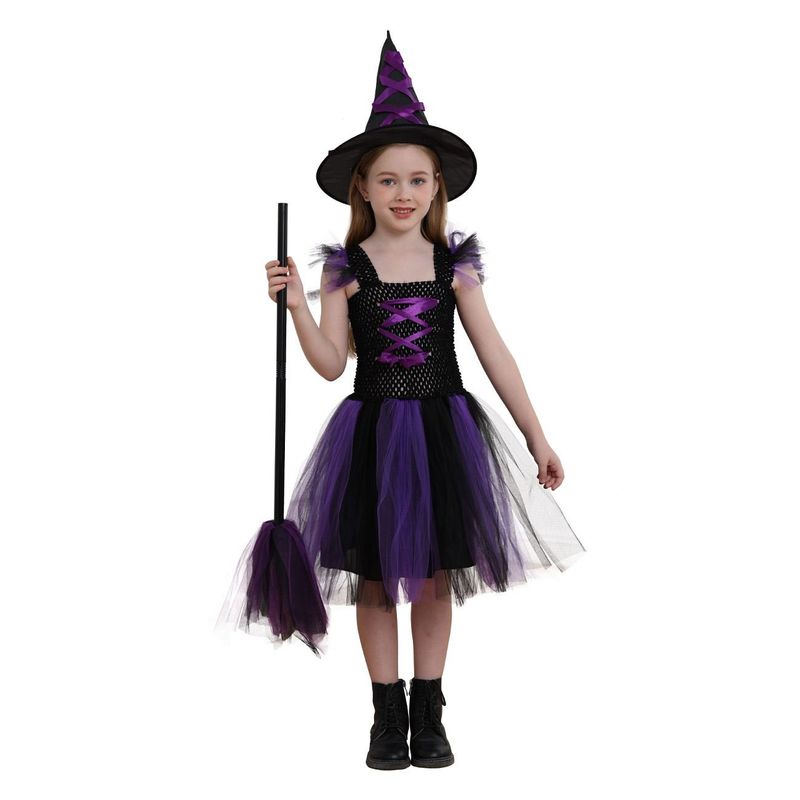 Jucarii, Copii si Bebe - Jucarii si jocuri - Jucarii de rol - Masti si costume copii - Costum pentru Fete, Vrajitoare, Negru Mov, Fusta Tutu, Palarie - Infinity.ro