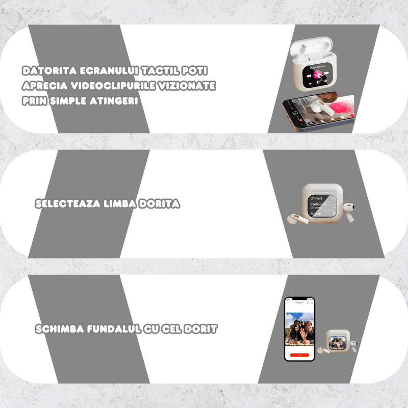 TV, Audio-Video si Foto - Portabile audio - Casti audio - Casti Wireless In Ear, Danesso®, Bluetooth, Ecran Touch Screen Inteligent, Control Aplicatii, Afisare Notificari, Alb - Infinity.ro