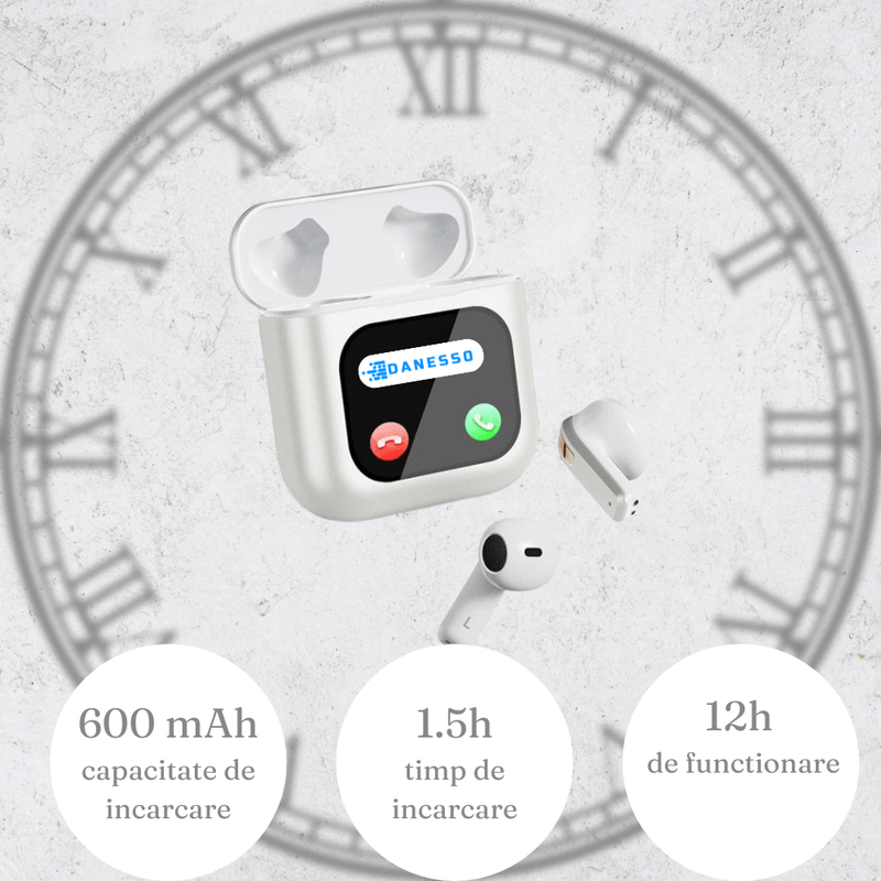 TV, Audio-Video si Foto - Portabile audio - Casti audio - Casti Wireless In Ear, Danesso®, Bluetooth, Ecran Touch Screen Inteligent, Control Aplicatii, Afisare Notificari, Alb - Infinity.ro