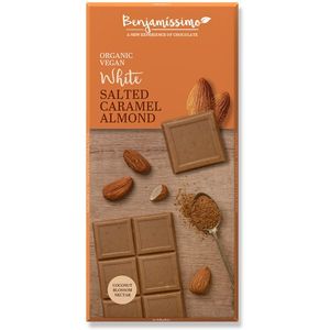 Ciocolata alba cu migdale si caramel sarat bio, 70g, Benjamissimo
