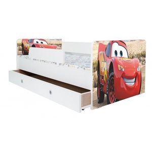 Pat Kiddy pentru copii Cars, 180x80 cm, fara sertar, alb/multicolor, saltea inclusa