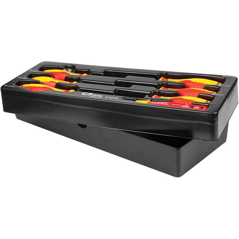 Casa si Gradina - Constructii - Scule de mana si unelte - Surubelnite - Set surubelnite izolate, late si cruce, cu creion de faza, sertar TIP A (385x150 mm) pentru dulap mobil, PH0-2, 3-5.5 mm, 60-125 - Infinity.ro