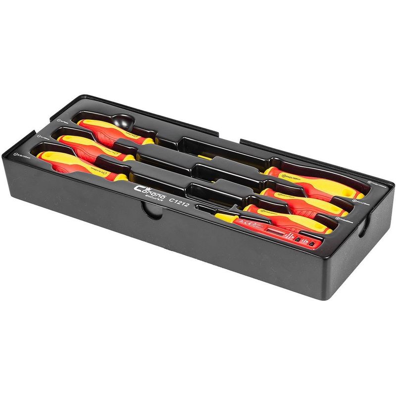 Casa si Gradina - Constructii - Scule de mana si unelte - Surubelnite - Set surubelnite izolate, late si cruce, cu creion de faza, sertar TIP A (385x150 mm) pentru dulap mobil, PH0-2, 3-5.5 mm, 60-125 - Infinity.ro