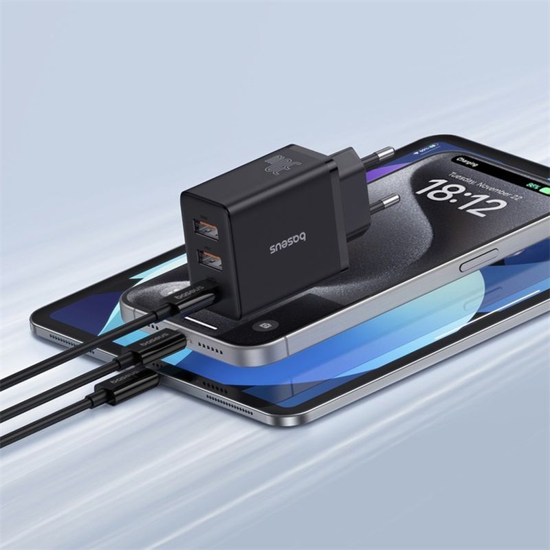 Laptop, Telefoane si Tablete - Telefoane mobile si accesorii - Accesorii Telefoane - Incarcatoare telefoane - Incarcator GaN, 2x USB, Type-C, Fast Charging, 30W - Baseus (P10111402113-00) - Negru - Infinity.ro