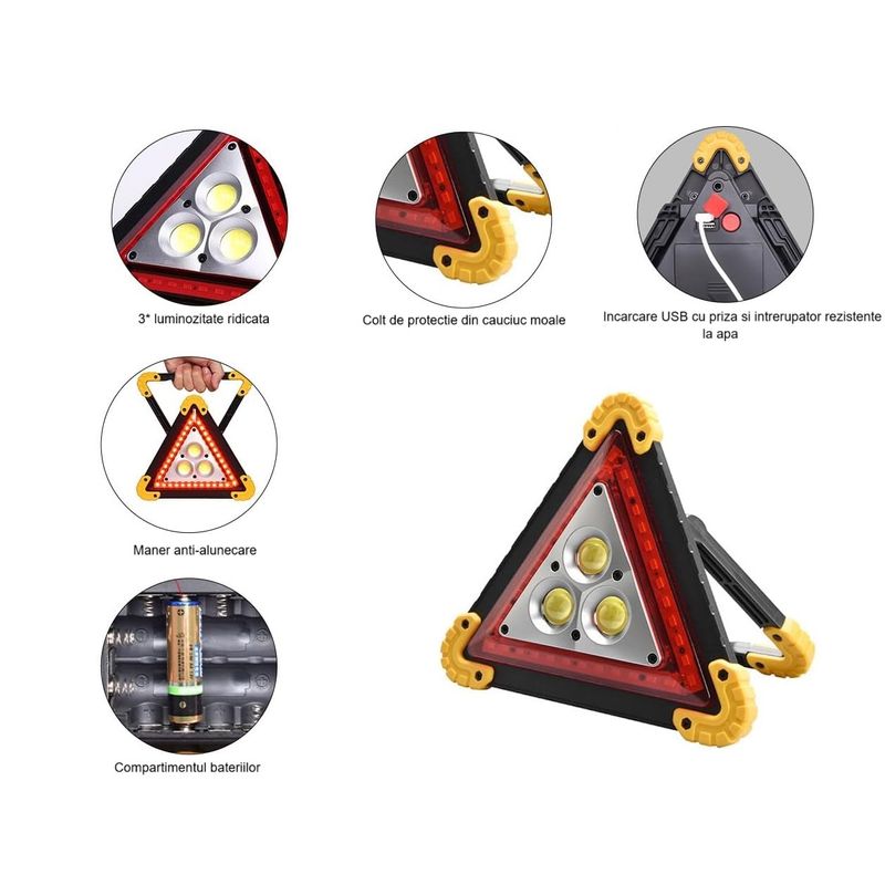 Auto si Moto - Electrice auto - Iluminare si semnalizare - Becuri auto - Triunghi Auto de Avertizare LED HUOVA® cu 4 Moduri de Iluminare – cu acumulatori - Infinity.ro