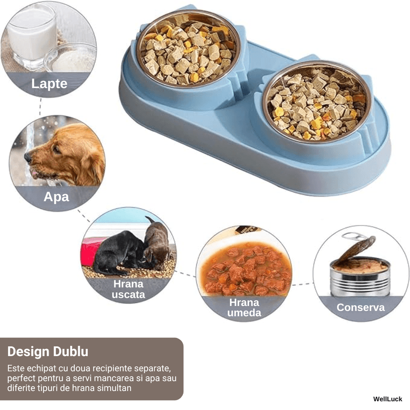Petshop - Accesorii petshop - Castroane si adapatori - Bol Dublu pentru Caini si Pisici WellLuck®, Recipiente Metalice Detasabile, Material Plastic si Bol Inox, Albastru - Infinity.ro