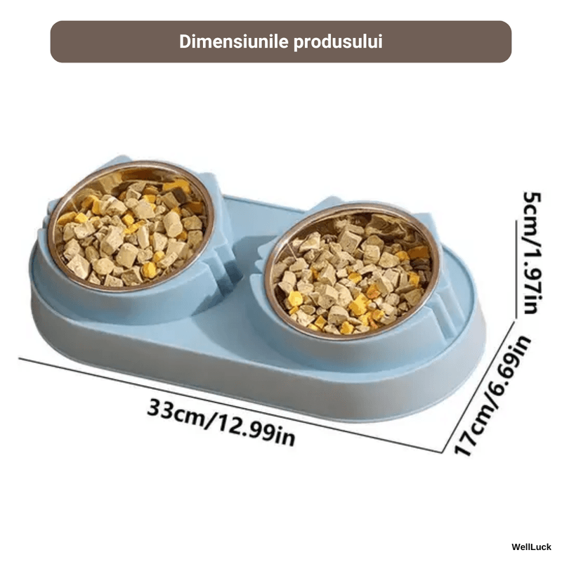 Petshop - Accesorii petshop - Castroane si adapatori - Bol Dublu pentru Caini si Pisici WellLuck®, Recipiente Metalice Detasabile, Material Plastic si Bol Inox, Albastru - Infinity.ro