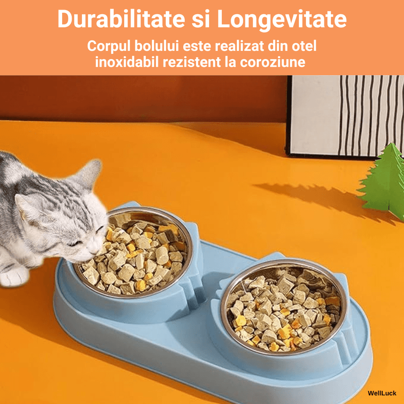Petshop - Accesorii petshop - Castroane si adapatori - Bol Dublu pentru Caini si Pisici WellLuck®, Recipiente Metalice Detasabile, Material Plastic si Bol Inox, Albastru - Infinity.ro