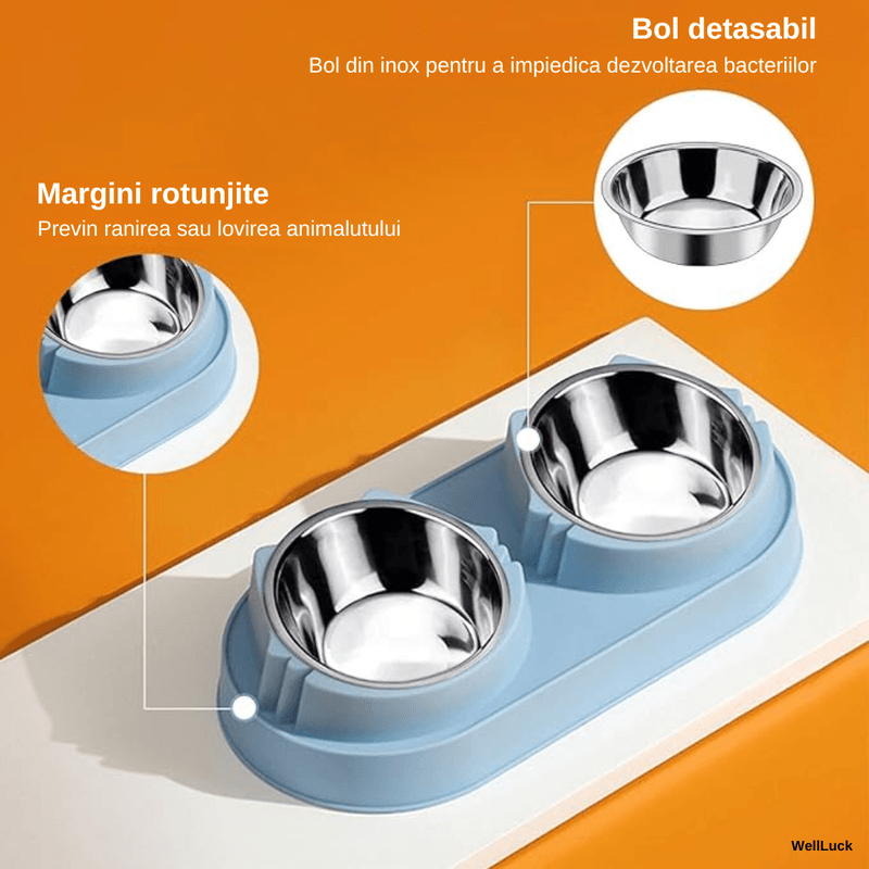 Petshop - Accesorii petshop - Castroane si adapatori - Bol Dublu pentru Caini si Pisici WellLuck®, Recipiente Metalice Detasabile, Material Plastic si Bol Inox, Albastru - Infinity.ro