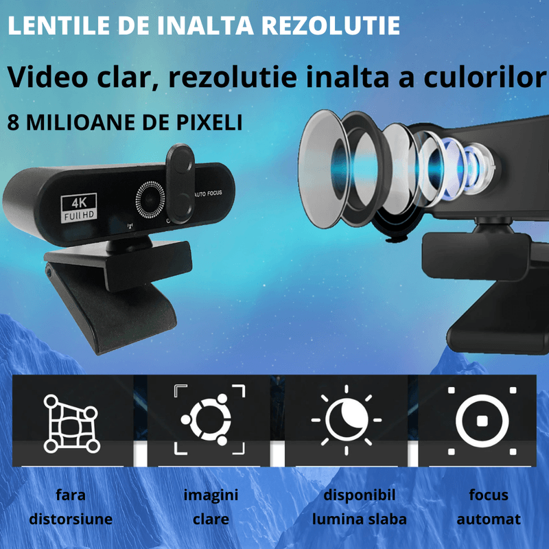 PC, gaming si accesorii - Periferice PC - Camere Web - Camera Web ULTRA HD 4K MAROVIO®, Rezolutie 3840x2160 30 fps, 8 MP, Microfon Incorporat, Reducere Zgomot, Auto Focus,COMS - Infinity.ro