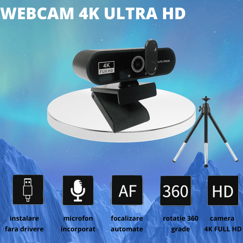 PC, gaming si accesorii - Periferice PC - Camere Web - Camera Web ULTRA HD 4K MAROVIO®, Rezolutie 3840x2160 30 fps, 8 MP, Microfon Incorporat, Reducere Zgomot, Auto Focus,COMS - Infinity.ro