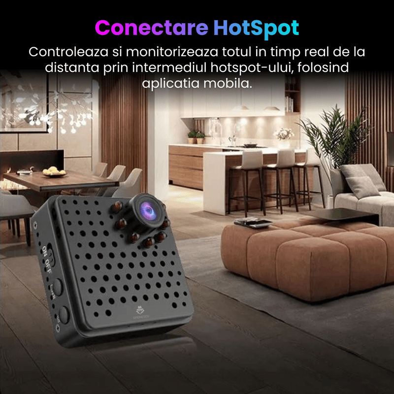 Laptop, Telefoane si Tablete - Wearables si gadgeturi - Gadgeturi - Dispozitive spionaj - Mini camera de supraveghere, WIFI, 1080P, vedere nocturna, unghi 155°, senzor miscare, alarma APP, autonomie 6 ore - Infinity.ro