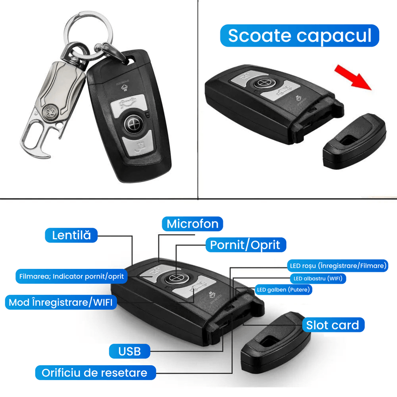 Laptop, Telefoane si Tablete - Wearables si gadgeturi - Gadgeturi - Dispozitive spionaj - Cheie auto spion cu camera ascunsa si breloc, K800, 4K, unghi de vizualizare 75°, baterie 900 mAh, autonomie 2 ore - Infinity.ro