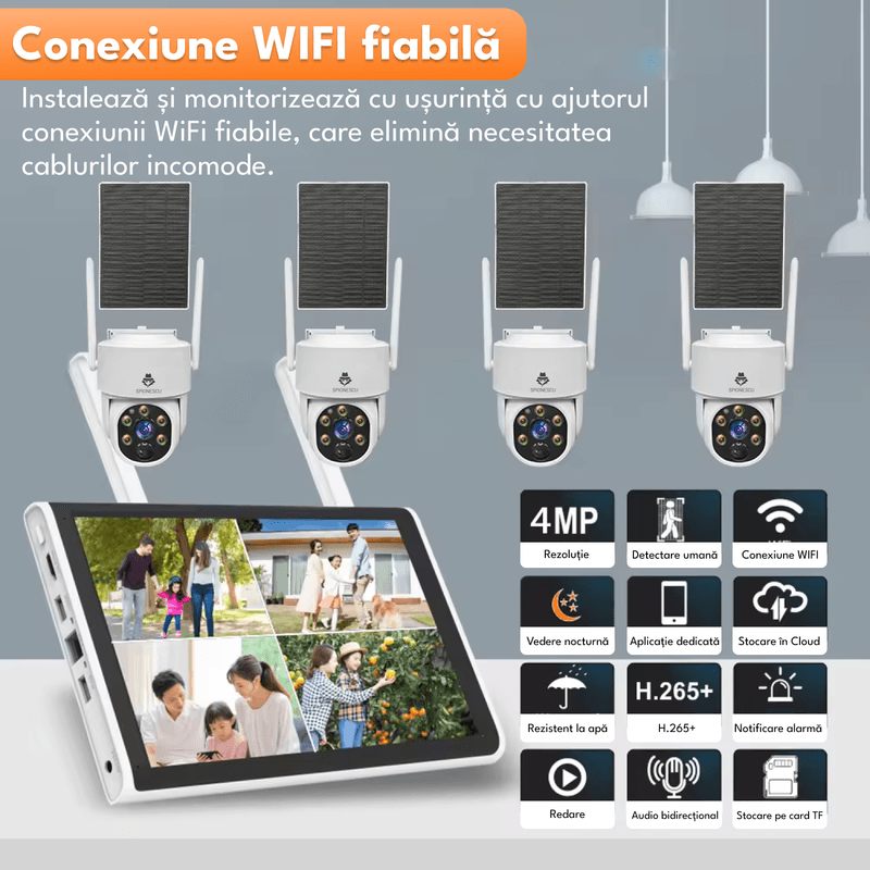Casa si Gradina - Electrice - Smart Home - Camere de supraveghere - Kit complet de supraveghere video cu 4 camere si panou solar, WIFI, 4MP, HDD 1 TB, audio bidirectional, control PTZ, - Infinity.ro