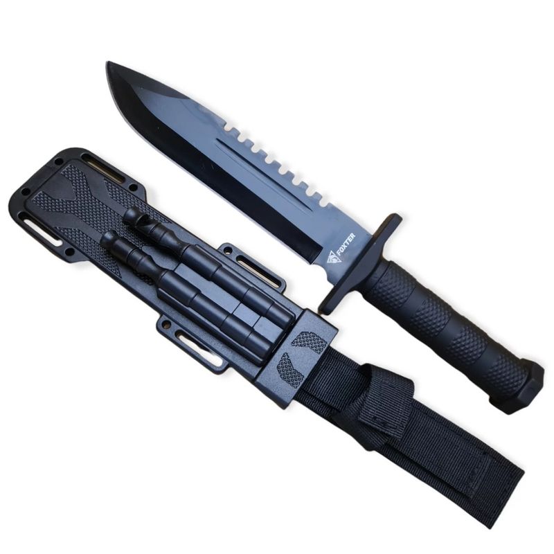 Sport si Outdoor - Camping - Cutite, bricege si accesorii - Cutite si bricege - Cutit tactic de vanatoare si camping, 31 cm, fluier si cremene, otel inoxidabil, negru - Infinity.ro