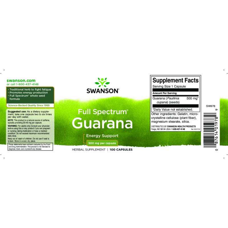 Ingrijire personala si Cosmetice - Sanatate si wellness - Suplimente alimentare - Vitamine si minerale - Full Spectrum Guarana 500mg 100 Capsule, Swanson - Infinity.ro