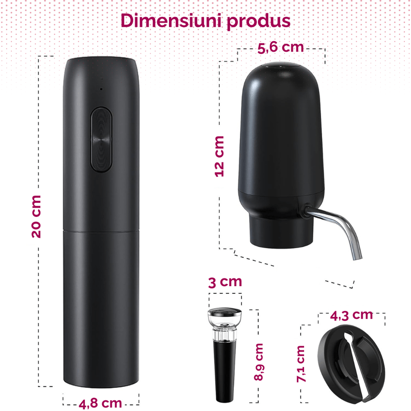 Casa si Gradina - Bucatarie si vesela - Accesorii bar - Tirbusoane si dopuri - Tirbuson reincarcabil, 4 in 1, aerator si dozator electric, accesoriu de taiat folie, dop cu pompa vid, USB, Negru - Infinity.ro