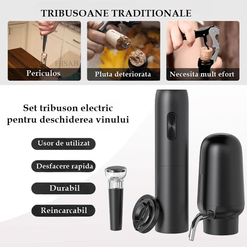 Casa si Gradina - Bucatarie si vesela - Accesorii bar - Tirbusoane si dopuri - Tirbuson reincarcabil, 4 in 1, aerator si dozator electric, accesoriu de taiat folie, dop cu pompa vid, USB, Negru - Infinity.ro