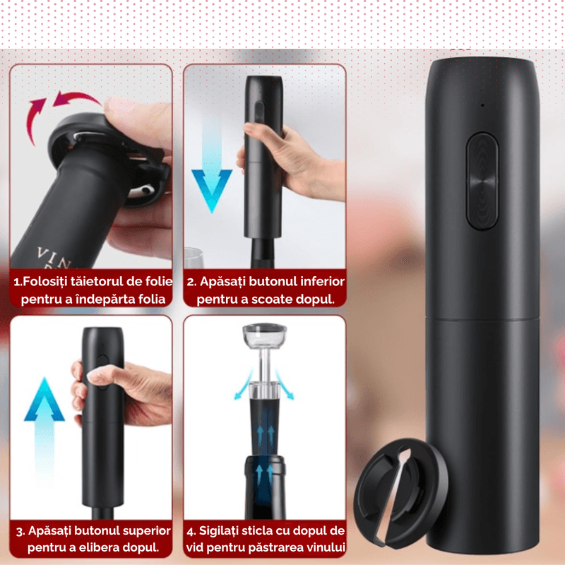 Casa si Gradina - Bucatarie si vesela - Accesorii bar - Tirbusoane si dopuri - Tirbuson reincarcabil, 4 in 1, aerator si dozator electric, accesoriu de taiat folie, dop cu pompa vid, USB, Negru - Infinity.ro