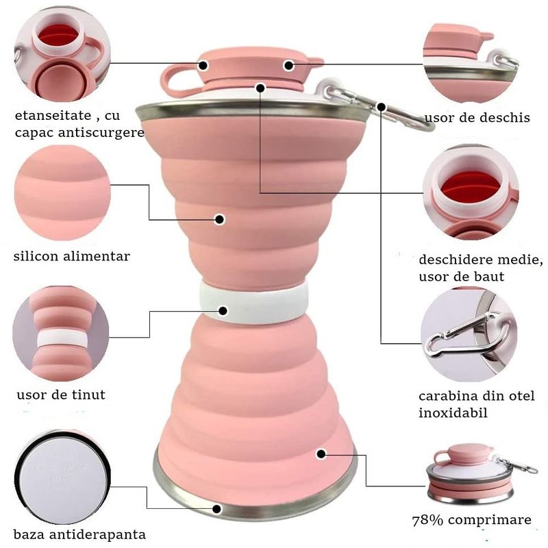 Sport si Outdoor - Echipament Sportiv - Accesorii echipament sportiv - Bidoane si shakere - Sticla pliabila pentru apa, ultra small 4-18 cm, silicon alimentar, non BPA, fara scurgeri 500 ml, pink - Infinity.ro