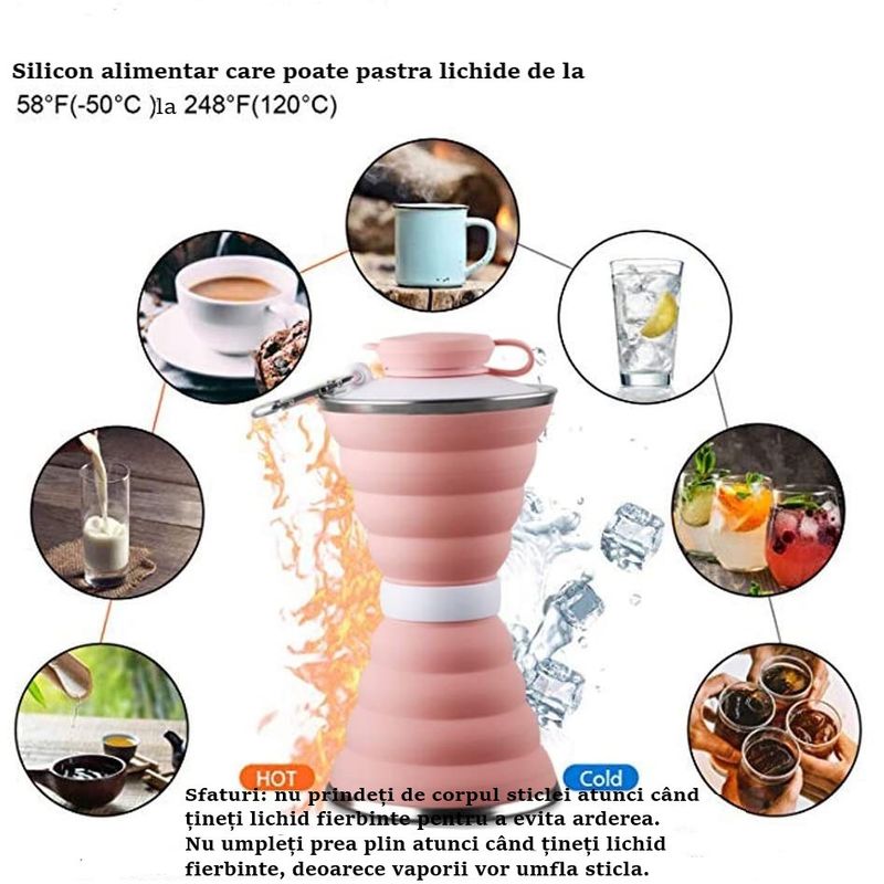 Sport si Outdoor - Echipament Sportiv - Accesorii echipament sportiv - Bidoane si shakere - Sticla pliabila pentru apa, ultra small 4-18 cm, silicon alimentar, non BPA, fara scurgeri 500 ml, pink - Infinity.ro