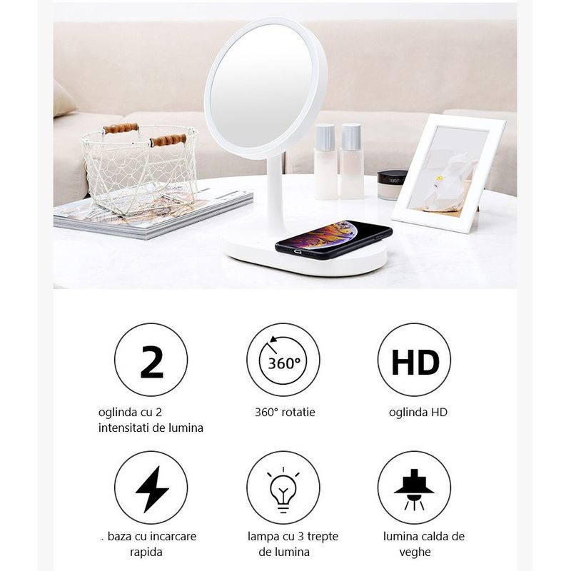 Ingrijire personala si Cosmetice - Machiaj - Oglinzi cosmetice - Oglinda make-up led, multifunctionala, smart touch control, 3 intensitati, incarcare wireless telefon, Alb - Infinity.ro