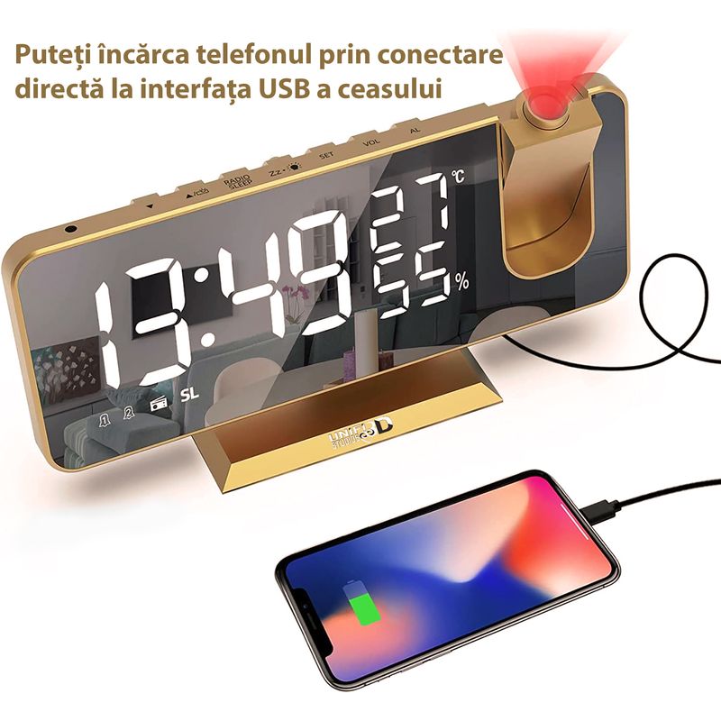 Casa si Gradina - Decoratiuni - Ceasuri - Ceas multifunctional cu proiectie pe tavan, port USB pentru incarcarea telefonului, afisarea temperaturii si umiditatii - Infinity.ro
