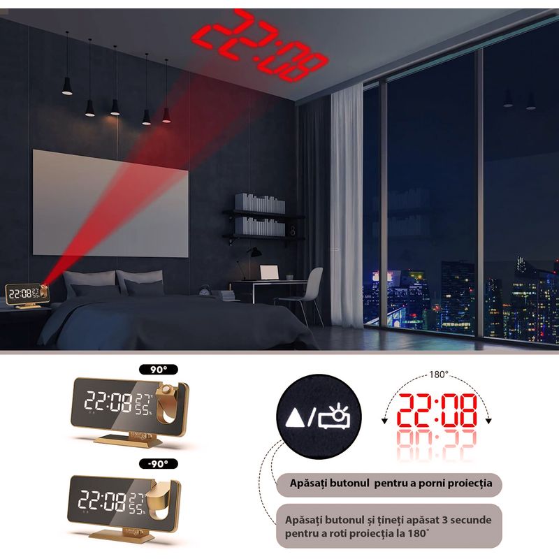 Casa si Gradina - Decoratiuni - Ceasuri - Ceas multifunctional cu proiectie pe tavan, port USB pentru incarcarea telefonului, afisarea temperaturii si umiditatii - Infinity.ro
