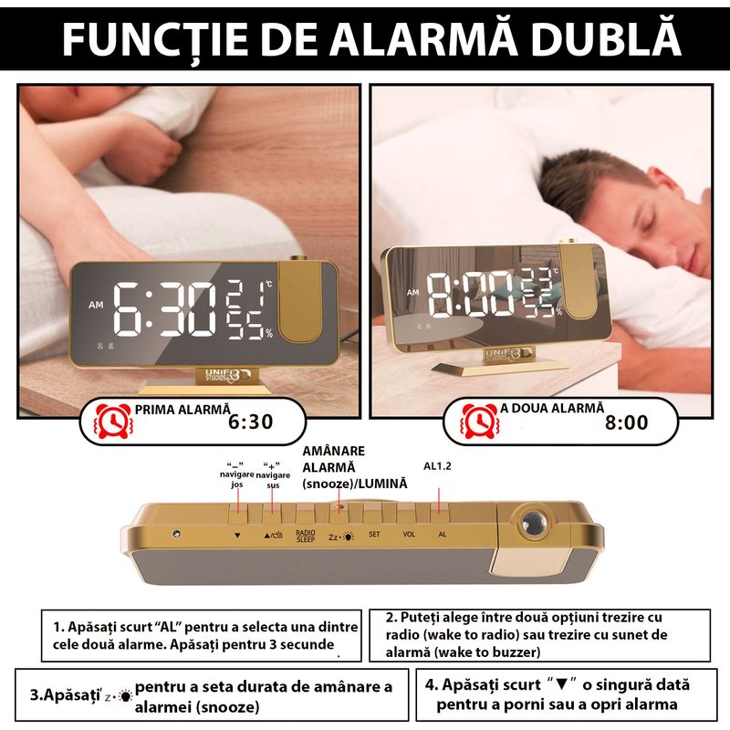 Casa si Gradina - Decoratiuni - Ceasuri - Ceas multifunctional cu proiectie pe tavan, port USB pentru incarcarea telefonului, afisarea temperaturii si umiditatii - Infinity.ro