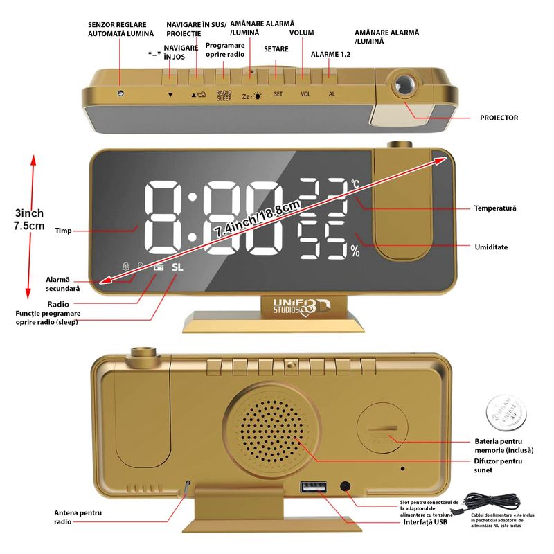 Casa si Gradina - Decoratiuni - Ceasuri - Ceas multifunctional cu proiectie pe tavan, port USB pentru incarcarea telefonului, afisarea temperaturii si umiditatii - Infinity.ro