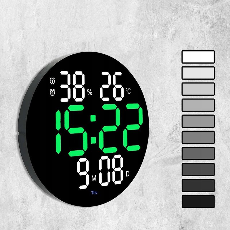 Casa si Gradina - Decoratiuni - Ceasuri - Ceas digital LED de perete, rotund, cu telecomanda, afisaj alb-verde, negru - Infinity.ro