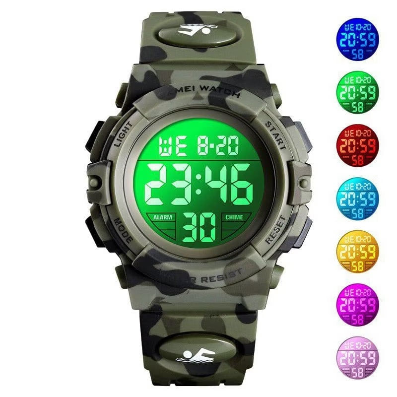 Casa si Gradina - Decoratiuni - Ceasuri - Ceas digital pentru copii, Sport, Rezistent la Apa 5atm, Iluminare Cadran, Verde Camuflaj - Albastru deschis - Infinity.ro