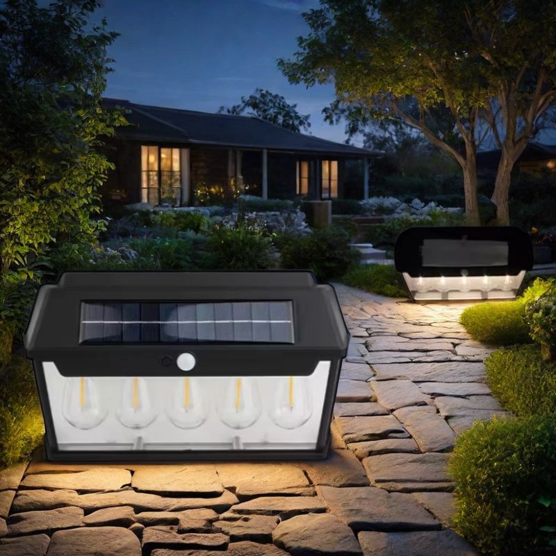 Casa si Gradina - Corpuri si surse de iluminat - Veioze si lampi - Lampadare - Lampa solara de perete cu 5 becuri LED, IP65, unghi inductie 120°, 65W, dimabil, negru - 1 - Infinity.ro