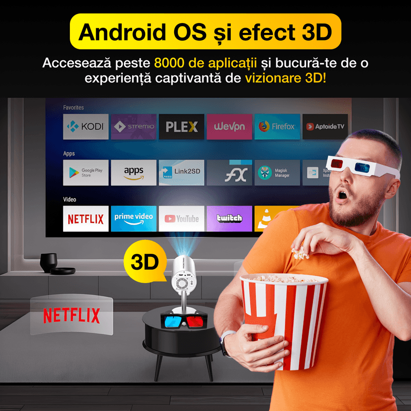 TV, Audio-Video si Foto - Videoproiectoare si accesorii - Videoproiectoare - Mini videoproiector 4K, 3D,1200, 1GB RAM+8GB ROM, wifi, bluetooth, suport telescopic rotativ 90° integrat, sunet HIFI - Infinity.ro