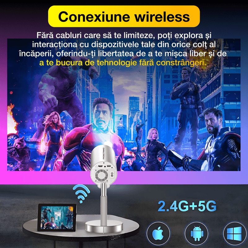 TV, Audio-Video si Foto - Videoproiectoare si accesorii - Videoproiectoare - Mini videoproiector 4K, 3D,1200, 1GB RAM+8GB ROM, wifi, bluetooth, suport telescopic rotativ 90° integrat, sunet HIFI - Infinity.ro