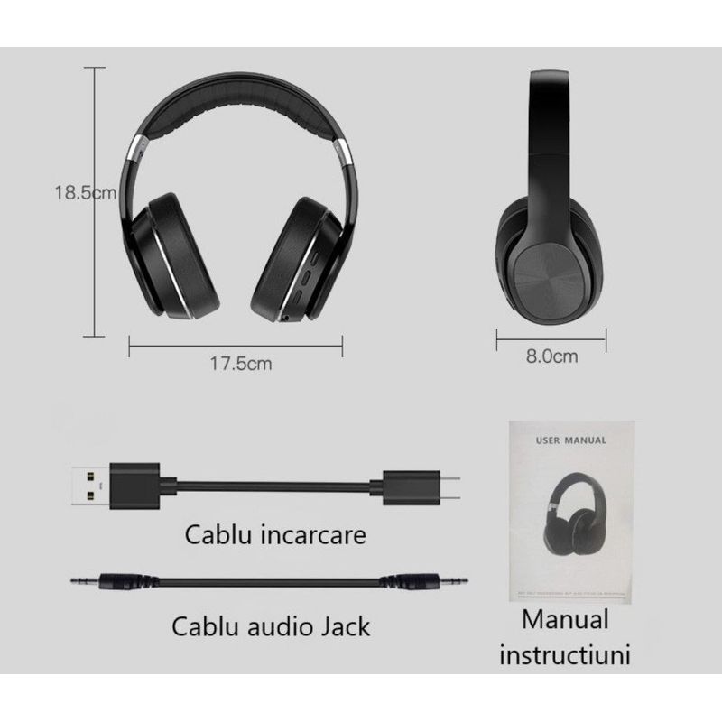 TV, Audio-Video si Foto - Portabile audio - Casti audio - Casti wireless over the ear, pliabile, bluetooth, microfon, autonomie 11h, radio, HiFi, noise canceling, negru - Infinity.ro