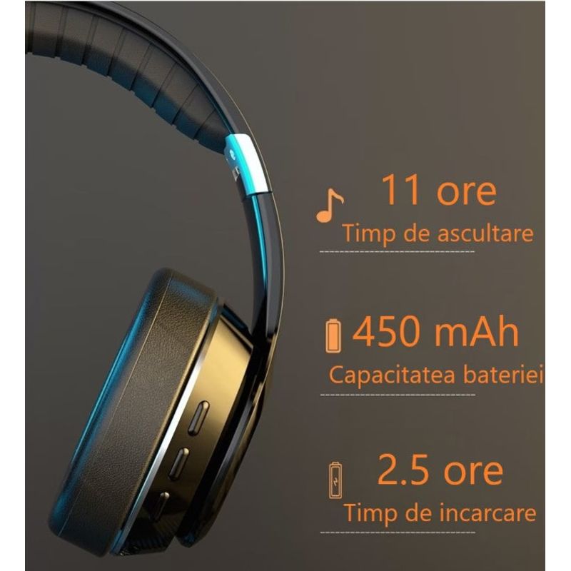 TV, Audio-Video si Foto - Portabile audio - Casti audio - Casti wireless over the ear, pliabile, bluetooth, microfon, autonomie 11h, radio, HiFi, noise canceling, negru - Infinity.ro