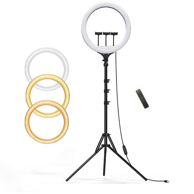 Casa si Gradina - Corpuri si surse de iluminat - Veioze si lampi - Lampadare - Lampa circulara LED 44cm, 18, cu intensitatea luminii reglabila, trepied si telecomanda, negru - Infinity.ro