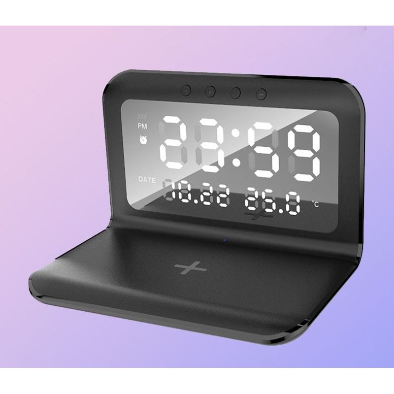 Laptop, Telefoane si Tablete - Telefoane mobile si accesorii - Accesorii Telefoane - Incarcatoare telefoane - Statie de incarcare wireless rapida 3 in 1, Display LCD, Ceas, alarma si temperaura, alimentare USB - Negru - Infinity.ro
