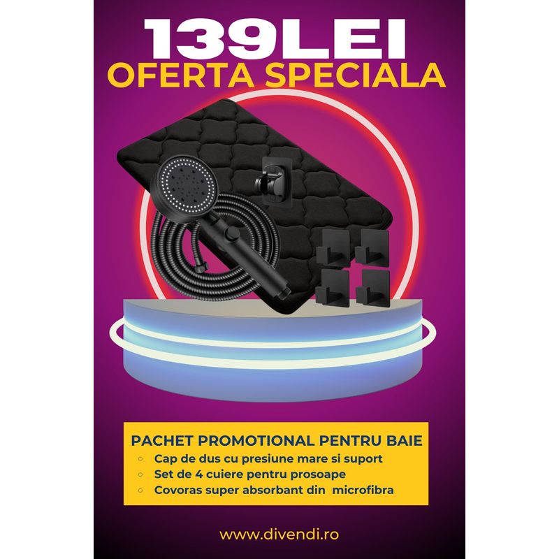 Casa si Gradina - Sanitare - Suporturi si accesorii baie - Suporturi baie - Pachet promotional: Cap de dus, 4 x Suporti pentru Prosoape si Covor baie, Negre - Infinity.ro