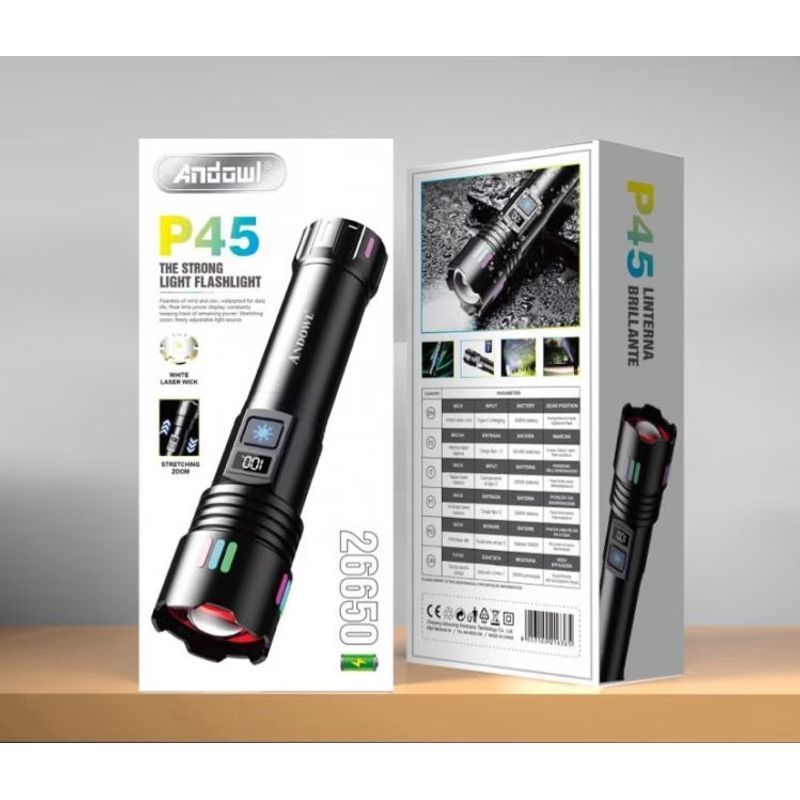 Casa si Gradina - Corpuri si surse de iluminat - Iluminat exterior - Lanterne - Lanterna LED de mana, P45, raza de actiune 500m, cu afisaj baterie, negru - Infinity.ro