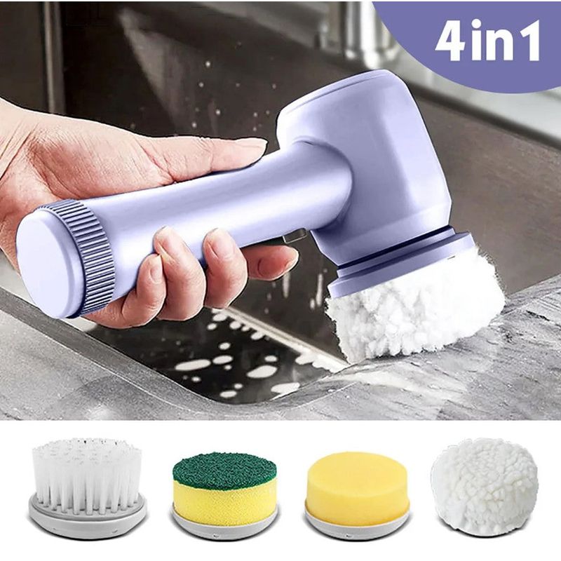 Market - Curatenie si intretinere casa - Produse menaj - Accesorii curatenie - Perie electrica multifunctionala, fara fir, cu 4 capete, incarcare USB, suport, alb-lila - Purple - Infinity.ro