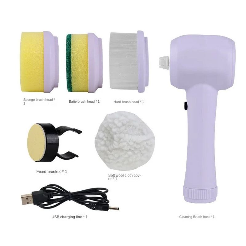 Market - Curatenie si intretinere casa - Produse menaj - Accesorii curatenie - Perie electrica multifunctionala, fara fir, cu 4 capete, incarcare USB, suport, alb-lila - White - Infinity.ro