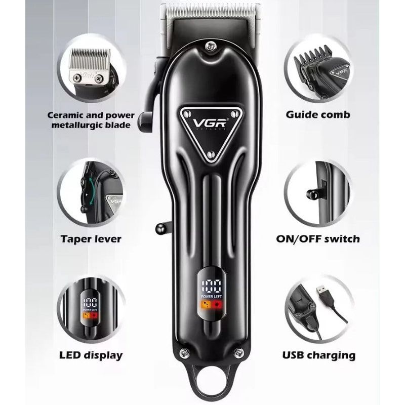 Ingrijire personala si Cosmetice - Aparate & accesorii ingrijire personala - Aparate de ras si tuns - Aparate de tuns - Masina de tuns VGR V-051, portabila, fara fir, 5W, USB, lama din otel, 4 capete de ghidaj, negru - Infinity.ro