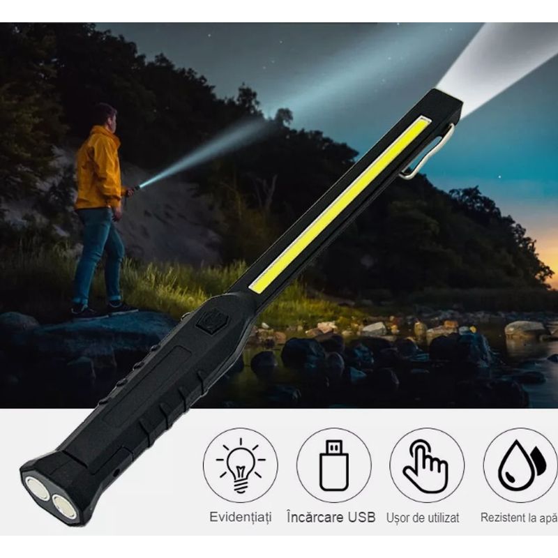 Casa si Gradina - Corpuri si surse de iluminat - Iluminat exterior - Lanterne - Lanterna de Lucru LED cu incarcare USB , HUOVA®, cu flash de avertizare rosu si albastru - Infinity.ro