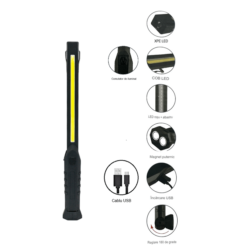 Casa si Gradina - Corpuri si surse de iluminat - Iluminat exterior - Lanterne - Lanterna de Lucru LED cu incarcare USB , HUOVA®, cu flash de avertizare rosu si albastru - Infinity.ro