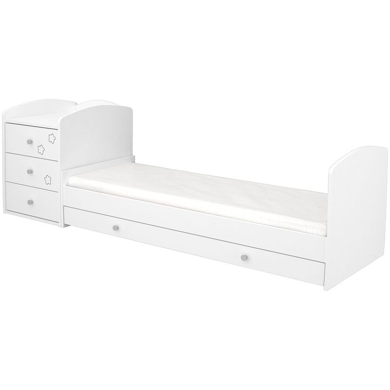 Casa si Gradina - Mobilier - Mobilier copii - Patuturi copii - Patut copii transformabil din lemn cu 4 sertare Hubners Matei Kombi 120x60 cm alb cu stelute - Infinity.ro