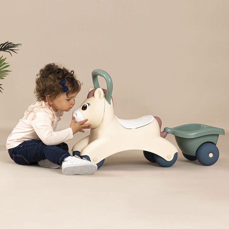 Jucarii, Copii si Bebe - Jucarii si jocuri - Jucarii bebelusi - Jucarii de tras/impins - Masinuta de impins Smoby Pony cu remorca - Infinity.ro