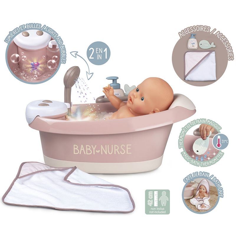 Jucarii, Copii si Bebe - Jucarii si jocuri - Papusi si accesorii - Papusi - Cadita pentru papusa Smoby Baby Nurse Baleno Bath roz cu accesorii - Infinity.ro