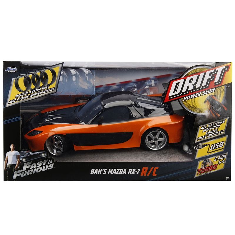 Jucarii, Copii si Bebe - Jucarii si jocuri - Jucarii bebelusi - Jucarii de tras/impins - Masina Jada Toys Fast and Furious Mazda RX-7 Drift cu anvelope si telecomanda - Infinity.ro
